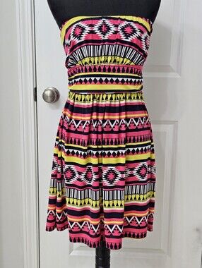 Strapless Neon Aztec Print Dress - Pink & Yellow - Size S